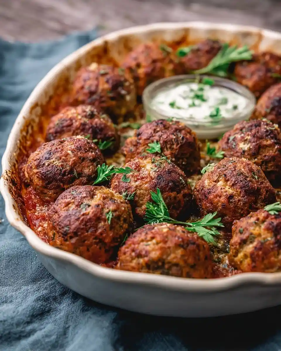 A rustic baking dish filled with baked meatballs in tomato sauce, topped with parsley and a creamy dip.