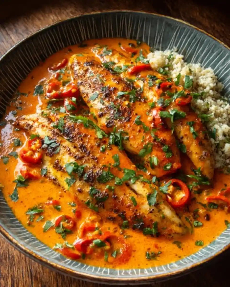 Delicious {{ $('Fetch Recipe Data').first().json["Main Keyword"] }} with seared fillets in a creamy red sauce, garnished with chilies and quinoa.