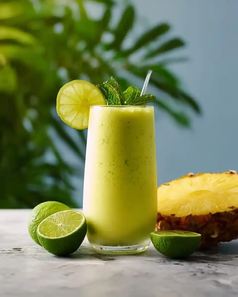 A refreshing glass of {{ $('Fetch Recipe Data').first().json["Main Keyword"] }} garnished with lime and mint next to a fresh pineapple.