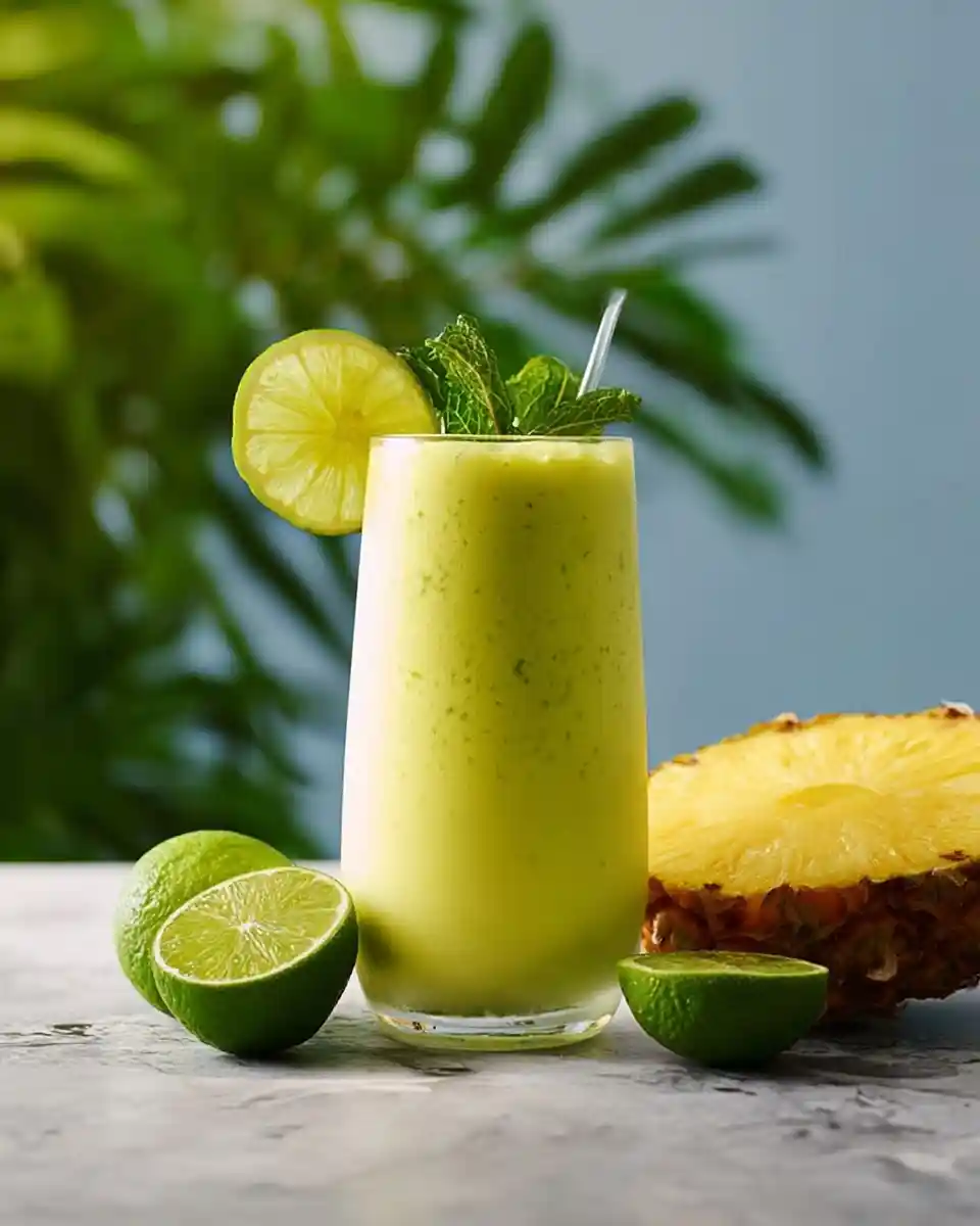 A refreshing glass of {{ $('Fetch Recipe Data').first().json["Main Keyword"] }} garnished with lime and mint next to a fresh pineapple.