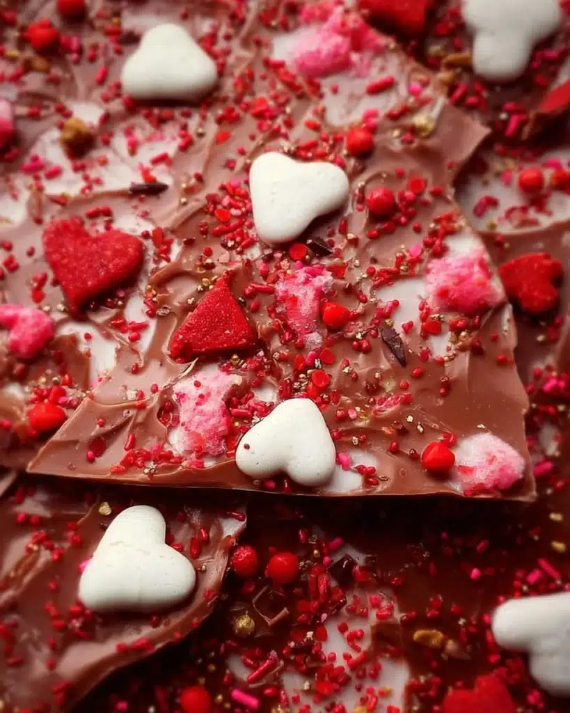 Delicious Valentine Chocolate Bark decorated with colorful sprinkles and hearts