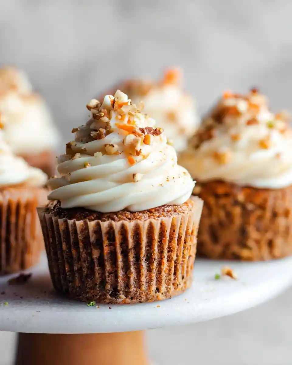 Close up of delicious carrot cake cupcakes with cream cheese frosting and chopped nuts on a white marble stand.