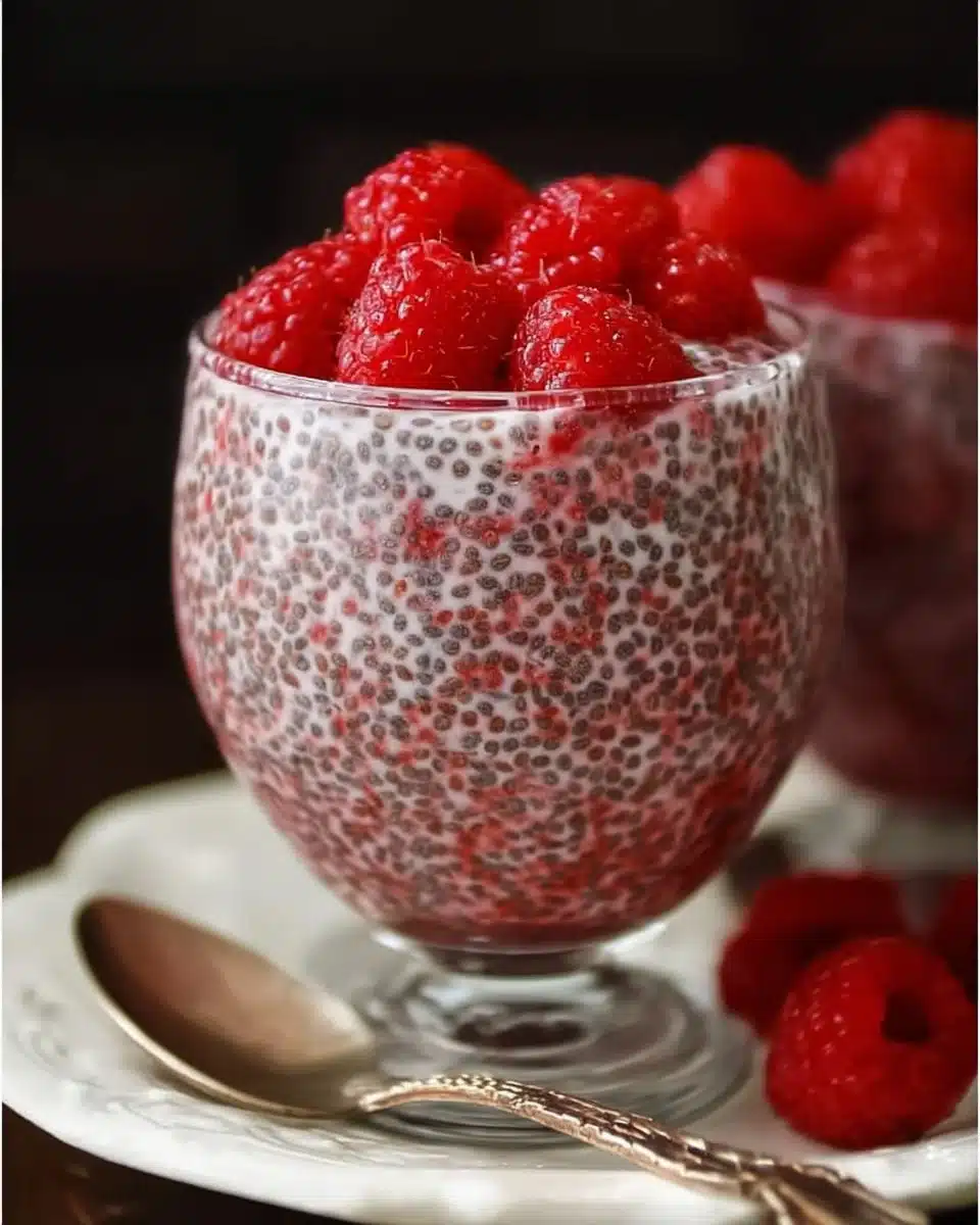 Delicious Vegan Raspberry Chia Pudding in a glass with fresh raspberries
