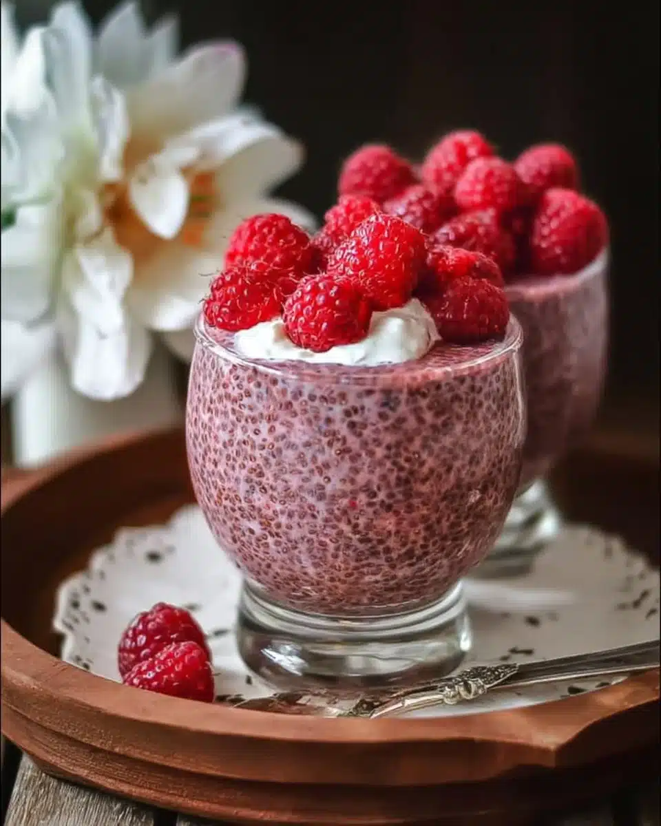 Bowl of Vegan Raspberry Chia Pudding topped with fresh raspberries and mint