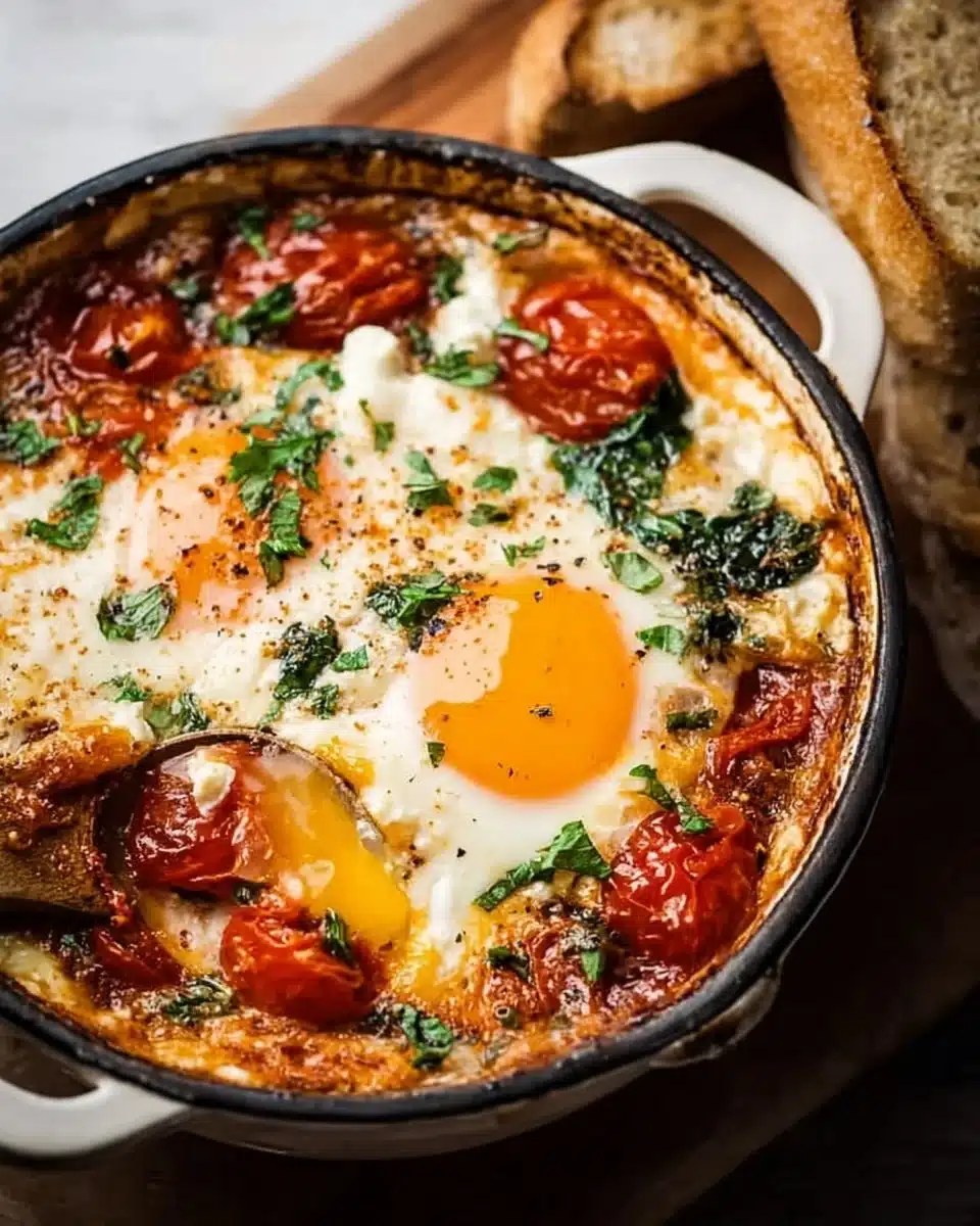 Delicious viral baked feta eggs served in a dish with herbs