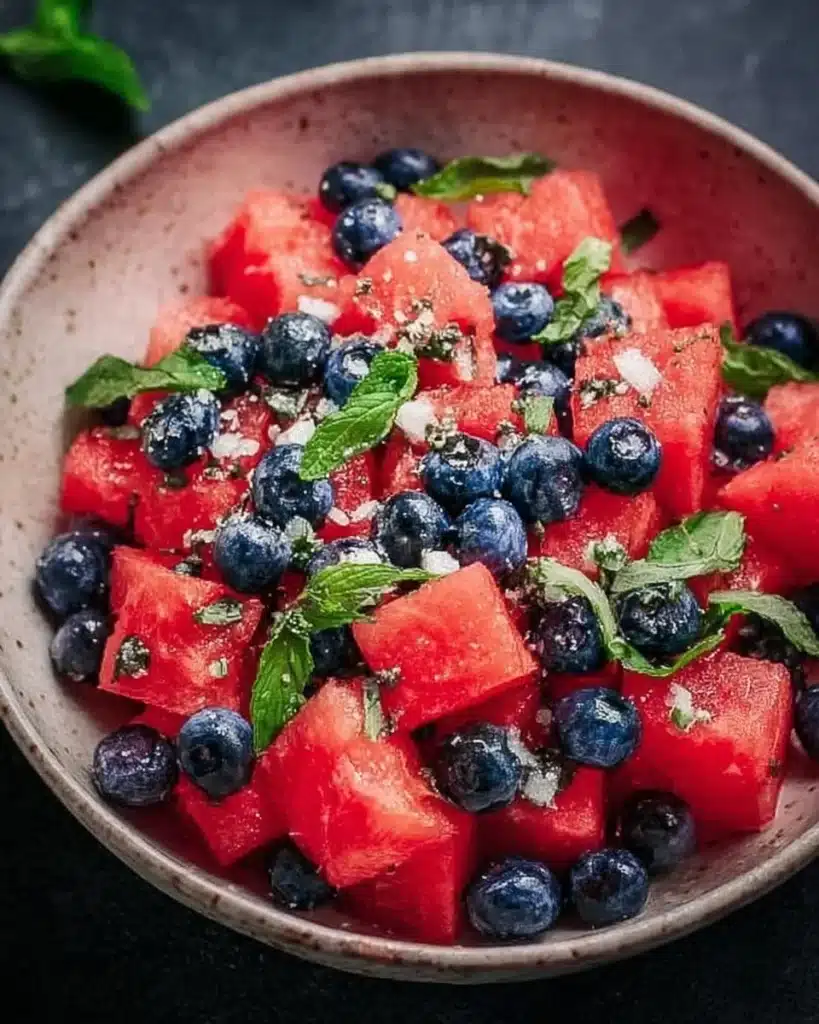 Fresh watermelon blueberry salad with mint garnish in a bowl