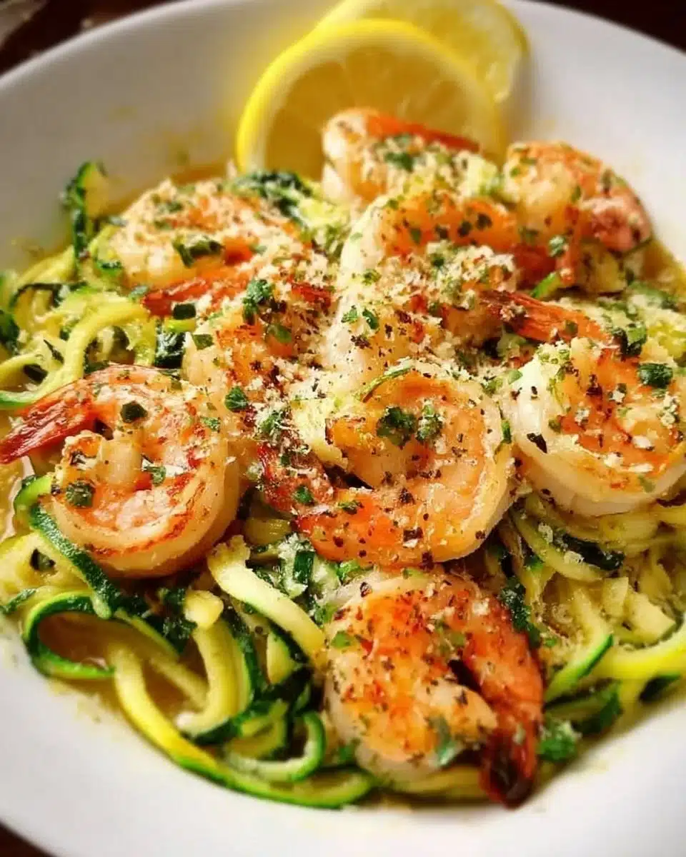Zesty lemon garlic shrimp served with zucchini noodles for a healthy meal.