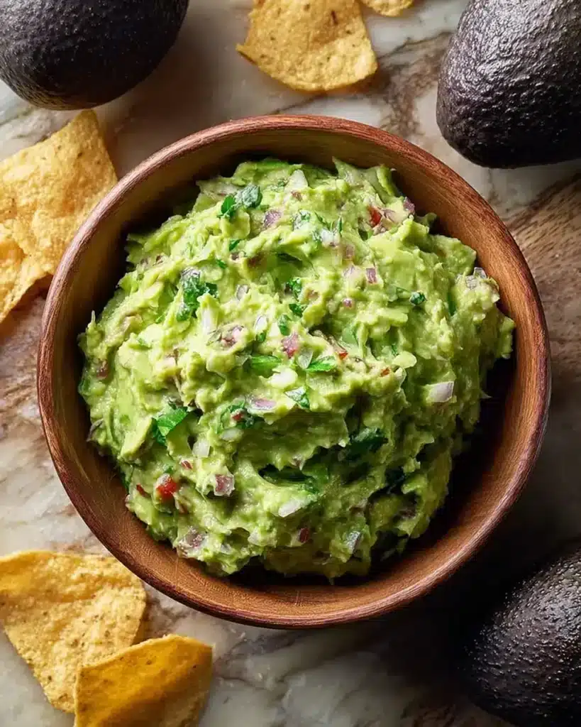 Delicious single serving of homemade guacamole with fresh avocados and spices.