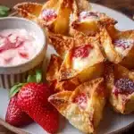 Delicious strawberry cheesecake wontons served on a plate