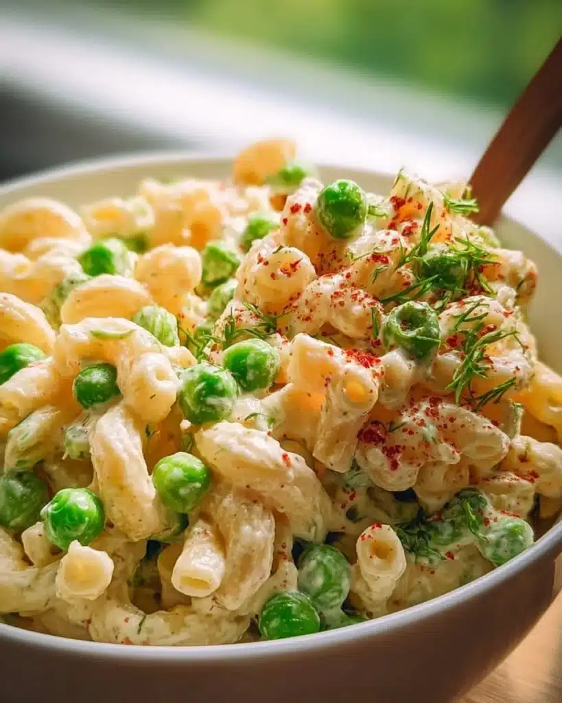 Delicious macaroni salad with peas served in a colorful bowl
