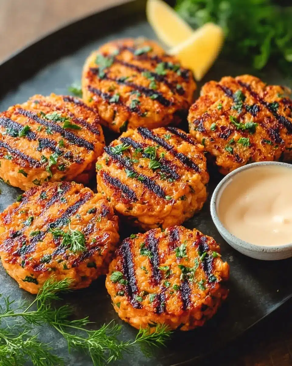 Delicious grilled salmon cakes served on a plate with herbs and lemon.