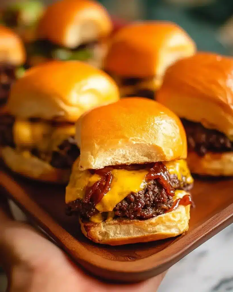 Juicy smash burger sliders served on a platter with toppings and garnishes