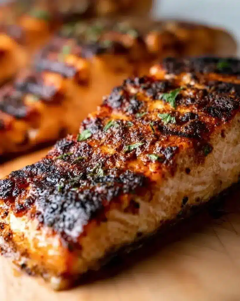 Plate of Cajun Grilled Salmon garnished with herbs and spices