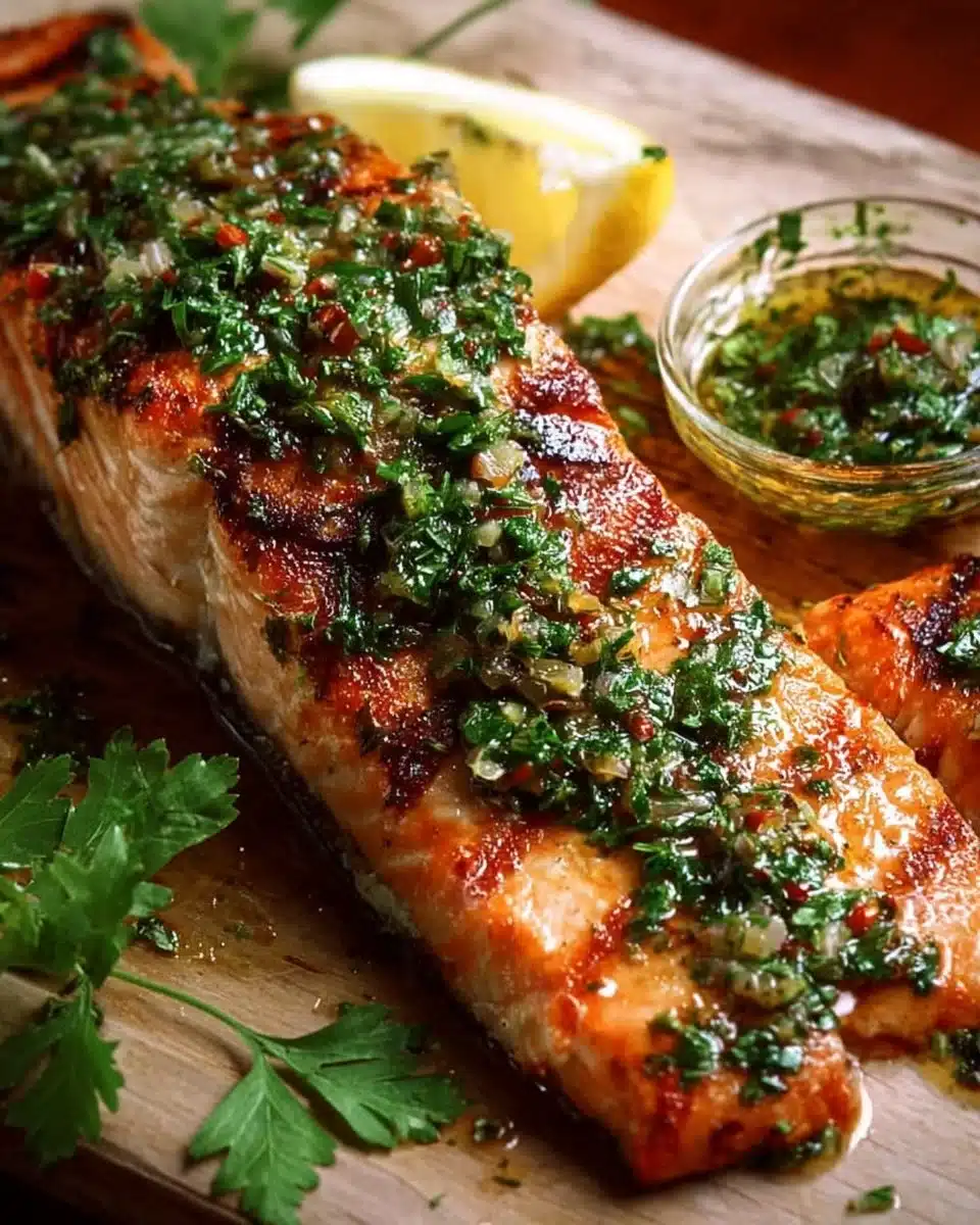 Delicious grilled salmon fillet with chimichurri sauce on a plate