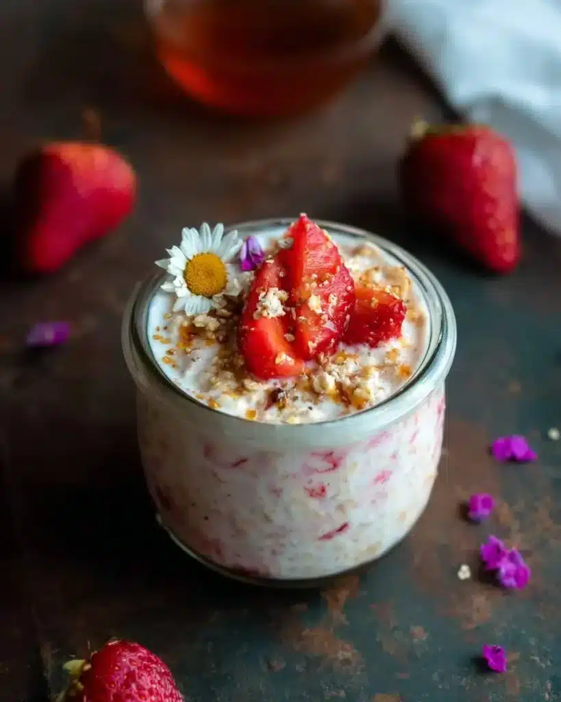 Bowl of sweet strawberry cheesecake overnight oats topped with fresh strawberries